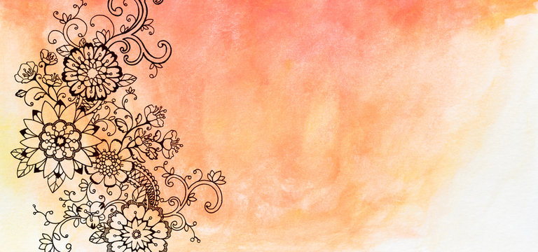 hand painted watercolor and flower design, floral background with copyspace, hand drawn flowers are sketched with black markers, flower doodle border, orange and pink watercolor background