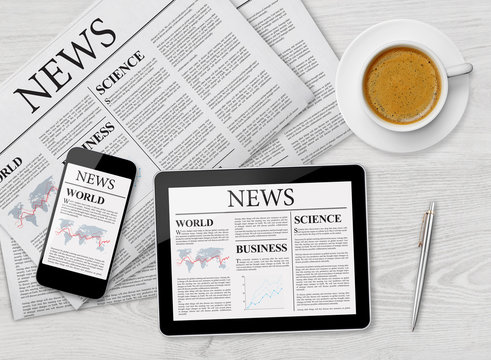 News page on tablet, mobile phone and newspaper