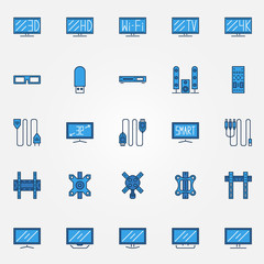 TV blue icons set
