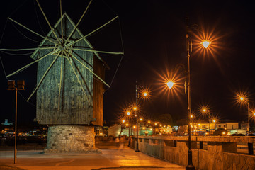Historical windmill in Nesebar (Bulgaria) at night