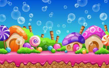 Cartoon fairy tale landscape. Candy land illustration for game design.
