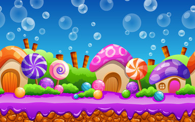 Seamless cartoon fairy tale landscape. Candy land illustration for game design.