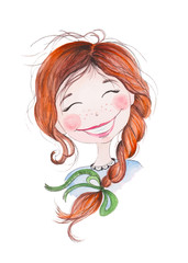 little girl with ginger hair . Watercolor illustration. Hand drawing. Smiling face