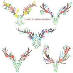 Fototapeta premium The horns entwined by flowers, leaves and plants painted in watercolor on a white background