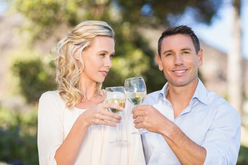 Portrait of smiling standing couple drinking wine and toasting 