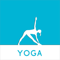Contour of woman in yoga pose on the colour background. Vector yoga illustration. Girl makes exercises of yoga. Silhouette of yogi in yoga asana. Yoga poster. Linear, flat yoga illustration.