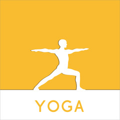 Fototapeta na wymiar Contour of man in yoga pose on the colour background. Vector yoga illustration. Human makes exercises of yoga. Silhouette of yogi in yoga asana. Yoga poster. Linear, flat yoga illustration.
