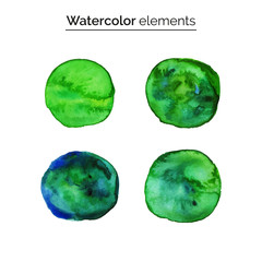 Vector illustration. Green watercolor design elements. Set isolated watercolor paint circles, templates for your design. Aquarelle. Splash, dot with watercolor texture.