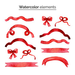 Vector illustration. Watercolor ribbons and bows on a white background. Hand drawn isolated objects for romantic design. Set of  vintage aquarelle ribbons and bow in red color.