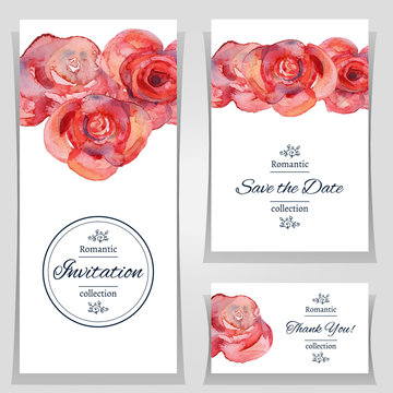 Vector illustration. Save the date or wedding invitation templates with red roses. Invitation cards with watercolor roses. Hand drawn cards. Set of invitation cards with watercolor flowers.