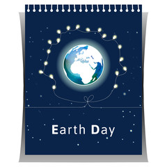 Fototapeta premium Vector illustration. Poster for Earth Day in white and blue colors. The Earth. Tear-off calendar with globe and with light bulbs as concept for Earth Day. Globe with watercolor texture and atmosphere.