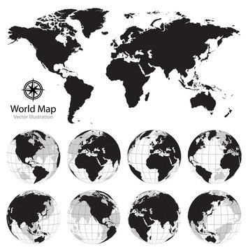 World map with set of earth globes. Vector illustration