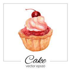Vector illustration. Hand drawn cake with watercolor texture. Cake with cream, jam, cherry. Hand painted sweet cake on white background. 