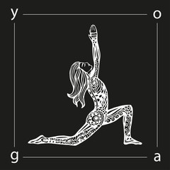 Vector yoga illustration in zentangle style. Girl in yoga pose as emblem for yoga studio, yoga center, fitness center, sport magazine, also for tattoo.  Hand drawn sketch in doodle style.