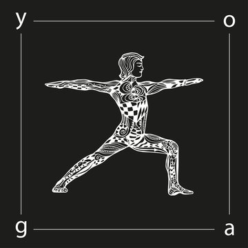 Vector yoga illustration in zentangle style. Man in yoga pose as emblem for yoga studio, yoga center, fitness center, sport magazine, also for tattoo.  Hand drawn sketch in doodle style. Yogi.