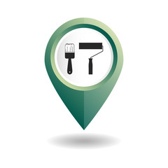 Vector illustration. Green map pointer with tools icons. GPS location symbol. Flat design style. Map pointer with a tools for a repair, brush and roller. Shop of finishing materials.