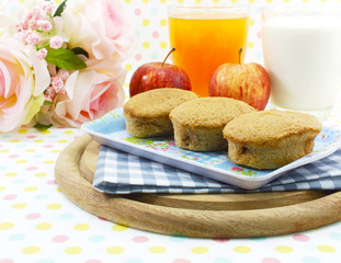 egg cake coffee flavor and milk on sweet polka dot background