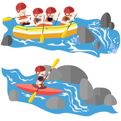Rafting and kayaking sport flat style vector illustration