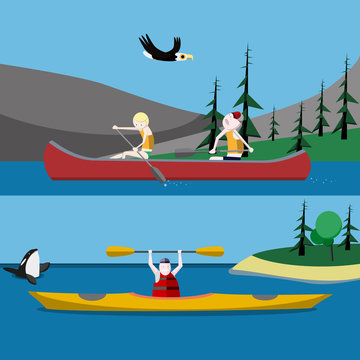 Canoeing and kayaking flat vector illustrations