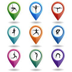 Vector yoga illustration. Multi-colored map pointers with a people in yoga poses. GPS location symbol. Flat design style. Map pointer for location of yoga center, fitness studio, yoga class. Ayurveda.