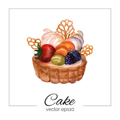 Vector illustration. Hand drawn cake with watercolor texture. Cake with cream, berries. Hand painted sweet cake on a white background. Poster or card for cafe, bakery, restaurant, coffee house
