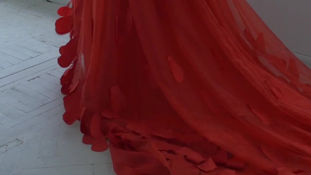 Beautiful girl in gorgeous red dress with hemline continue