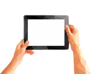 Stock polygonal hands holding a tablet on a white background