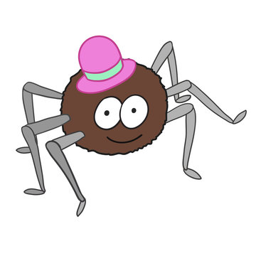 Cartoon cute spider in hat isolated on white background