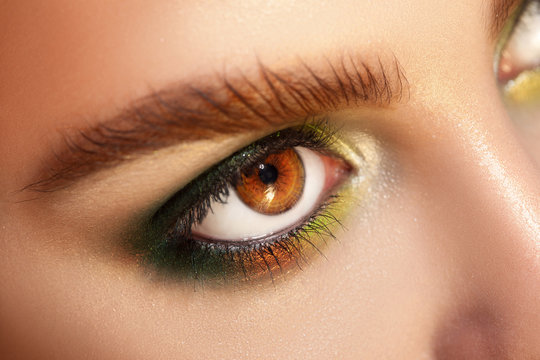 Horizontal macro photo of brown eyes with green colors makeup