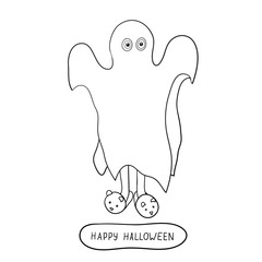 Cartoon ghost in badspread isolated on white background.