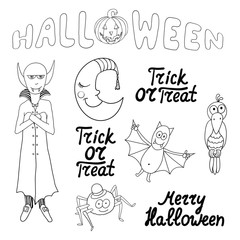 Set of cartoon halloween characters and words isolated on white