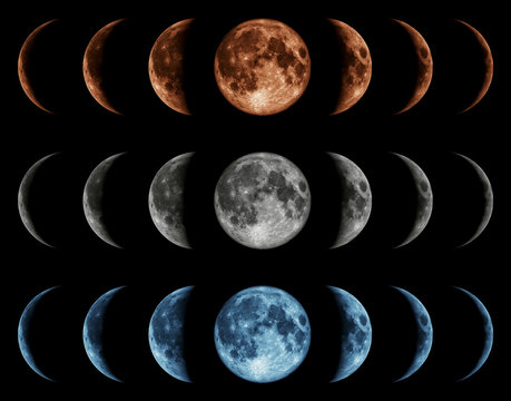 Seven phases of the moon isolated on black background.
