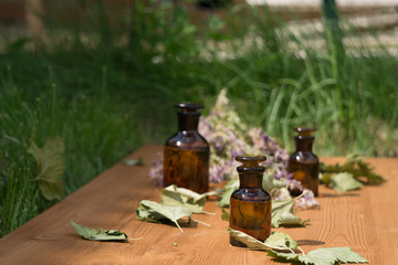 essential oil in little bottle and medical flowers herbs