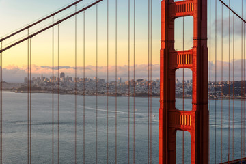 Golden Gate Bridge and San Francisco at sunrise, California