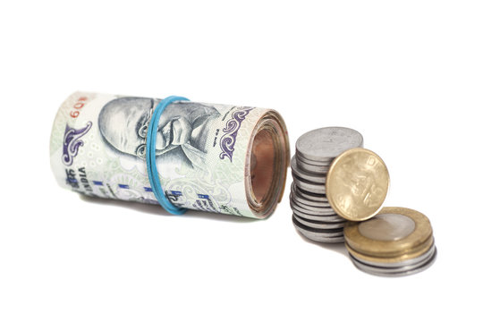 Roll of Indian Currency Rupees Notes and Coins