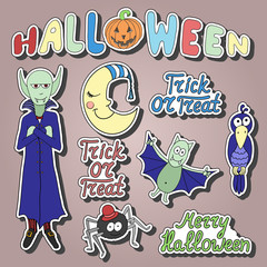 Set of cartoon halloween characters and words with shadows