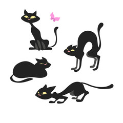 A set of four unique vector illustrations of cute and funny black cats in various poses, with a pink butterfly. Vector cartoon set