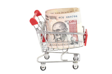 Indian 1000 rupees in shopping cart isolated on white background