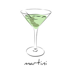 Dry martini cocktail with olives in glass. Wine icon isolated. 
