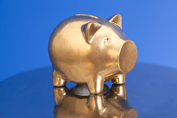 Golden Piggy Bank  on blue background