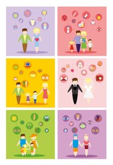 Business concept flat icons set of family, health, married, career and vacation infographic design elements vector illustration