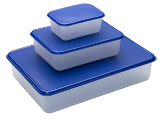 Three white plastic containers with blue caps isolated on white background. No shadow.