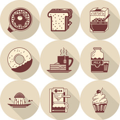 Morning breakfast brown icons set