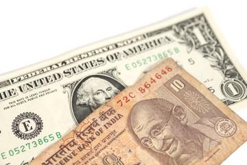 American dollars and Indian rupee banknote