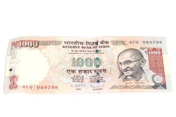 One thousand rupee note (Indian Currency) isolated on a white ba