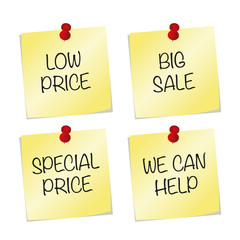 Vector yellow paper notes with push pin and low price, big sale, sepical price, we can help words