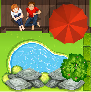 Couple sitting near pond aerial perspective