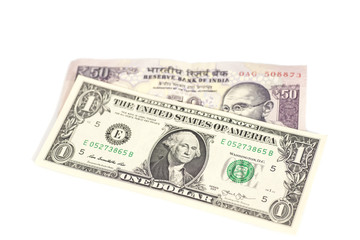 American dollars and Indian rupee banknote