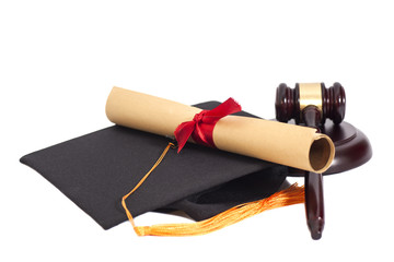 Black Graduation Hat with Diploma and Gavel