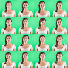 Beautiful woman multiple portraits on green background